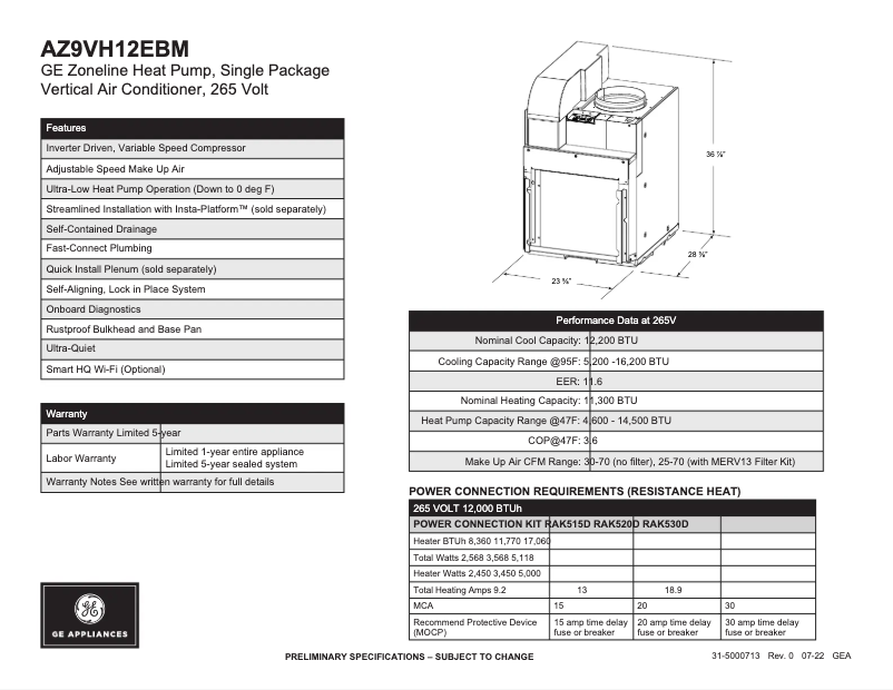 Page 1 of the manual Technical Sheet GE AZ9VH12EBM