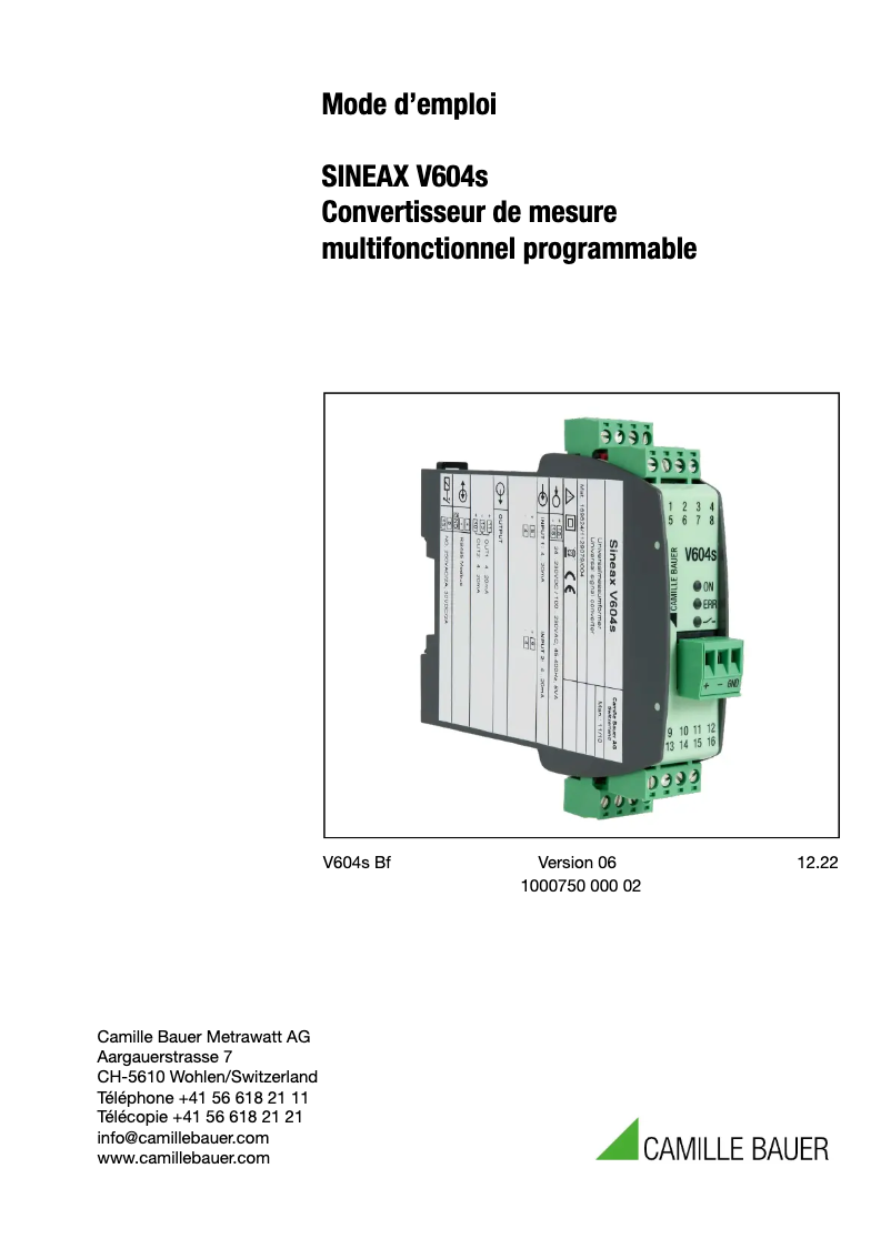 Page 1 de la notice Manuel utilisateur Camille Bauer Sineax V604s