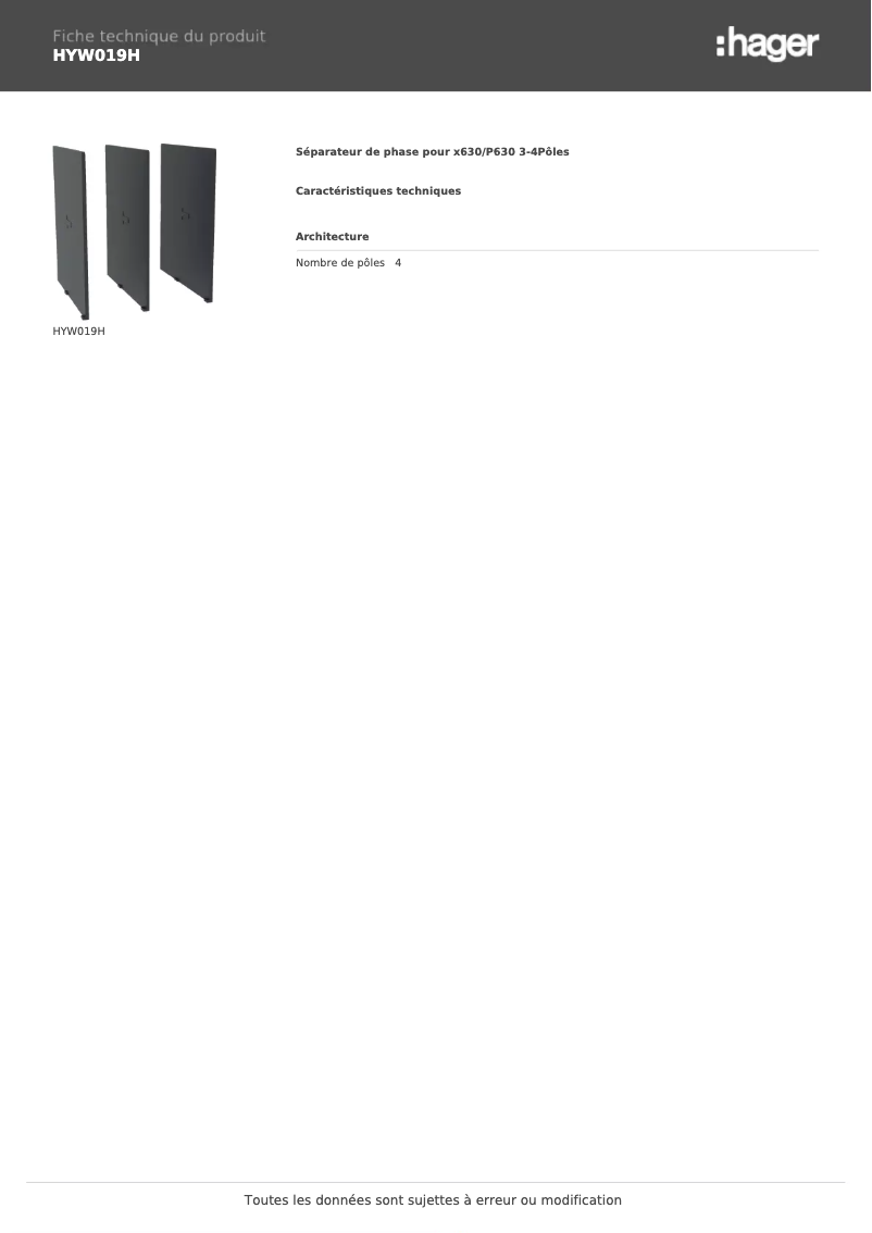 Page 1 de la notice Fiche technique Hager HYW019H