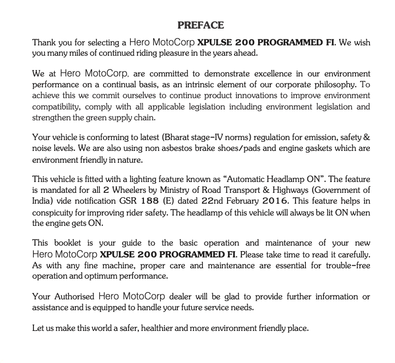 Page 1 de la notice Manuel utilisateur Hero Xpulse 200 FI (2019)