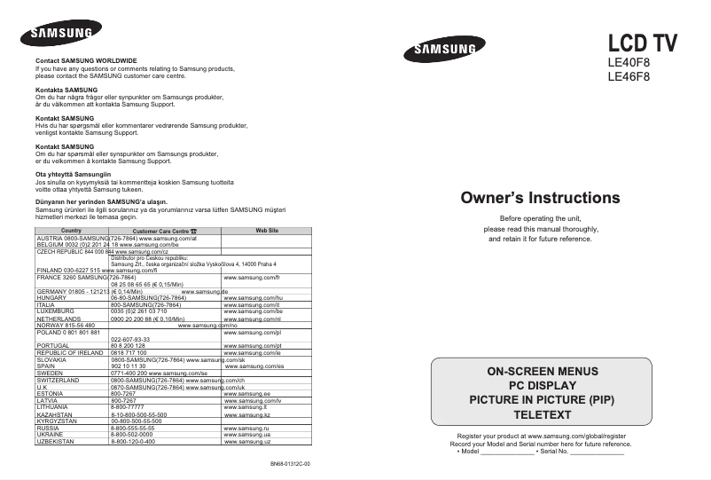 Page 1 de la notice Manuel utilisateur Samsung LE40F86BD