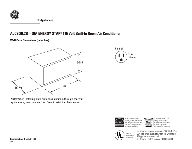 Page 1 de la notice Fiche technique GE AJCS06LCB
