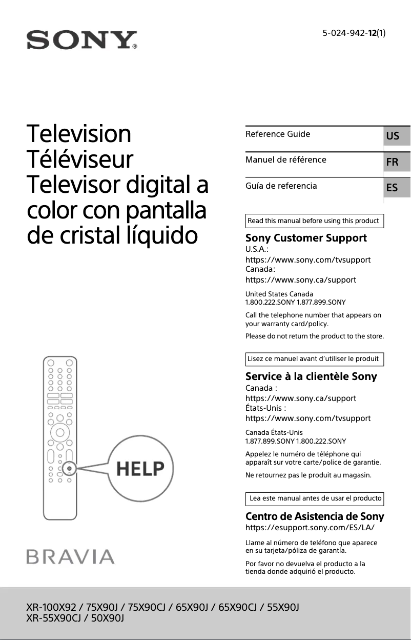 Page 1 de la notice Manuel utilisateur Sony XR-65X90CJ