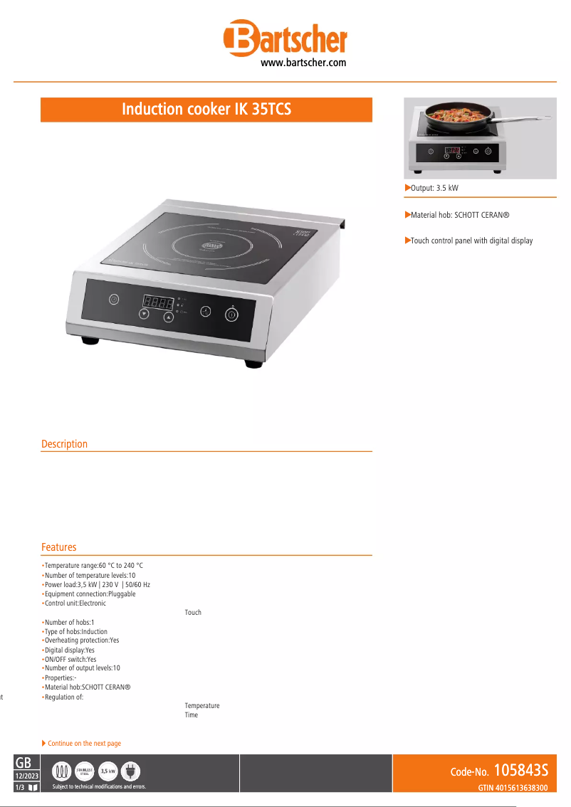 Page n°1 - Fiche technique Bartscher IK 35TCS