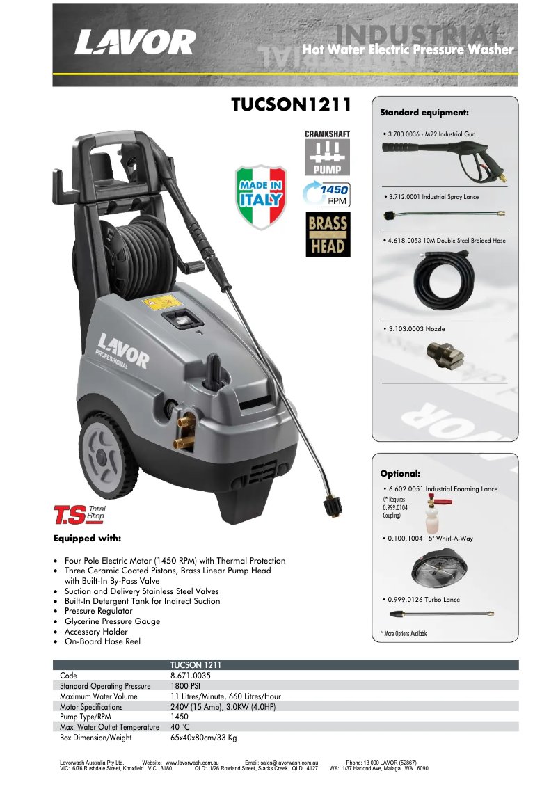 Page 1 de la notice Fiche technique Lavorwash TUCSON1211