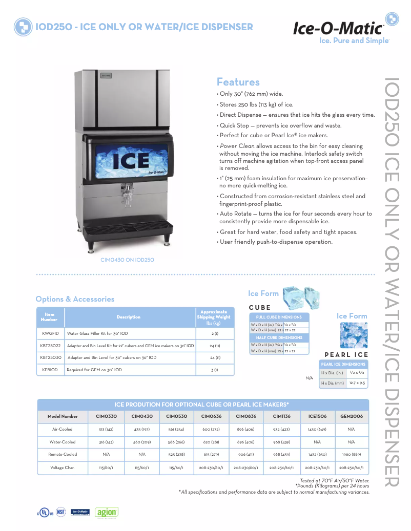Page 1 de la notice Fiche technique Ice-O-Matic IOD250