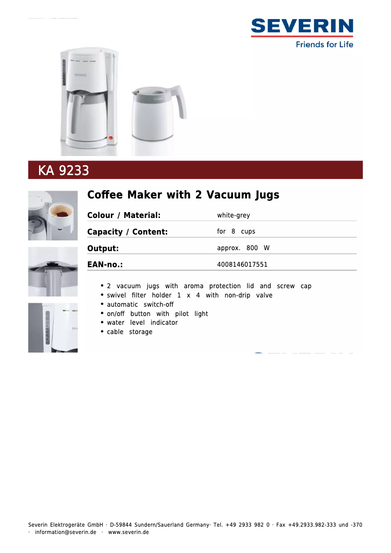 Page 1 de la notice Fiche technique Severin KA 9233