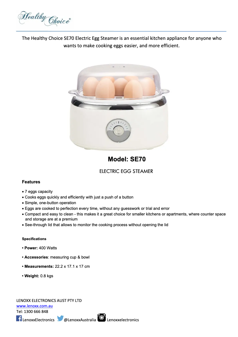 Page 1 de la notice Fiche technique Healthy Choice SE70