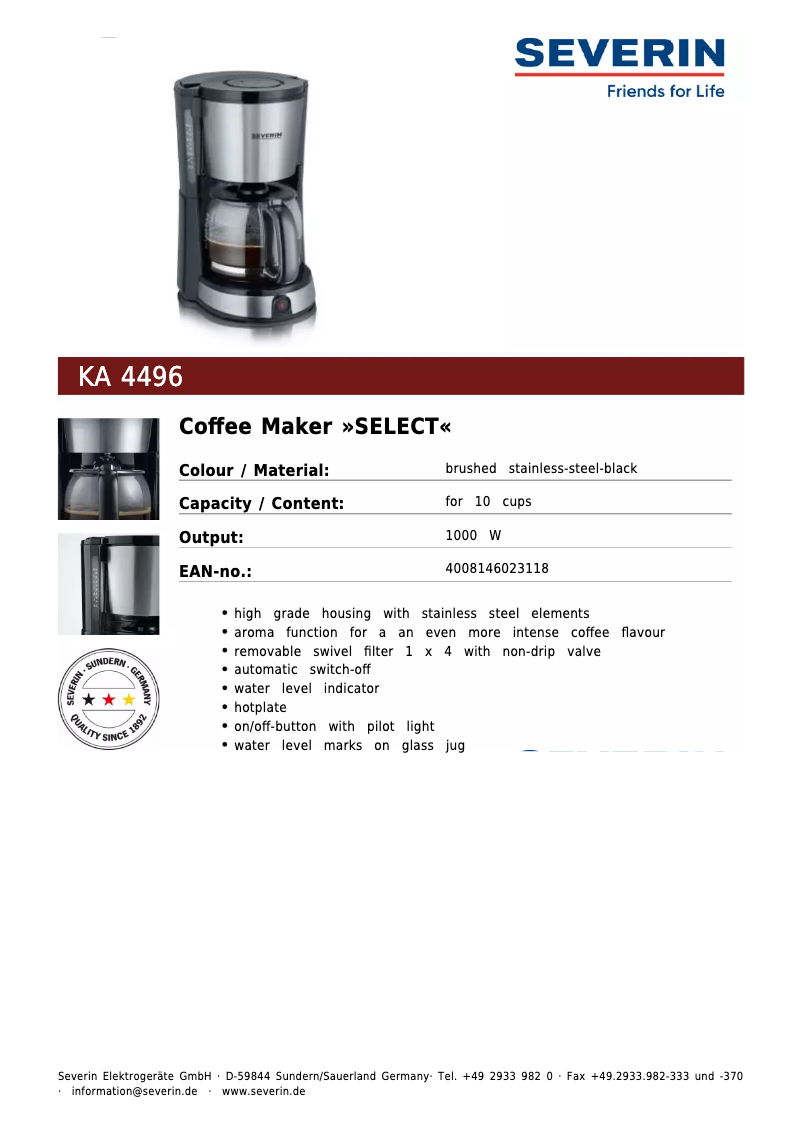 Page 1 de la notice Fiche technique Severin KA 4496