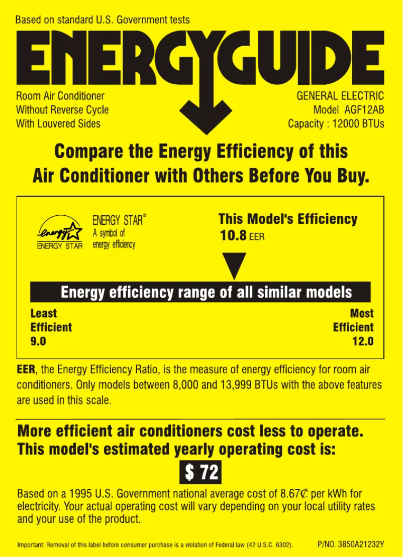 Página 1 del manual Etiqueta energética GE AGF12AB