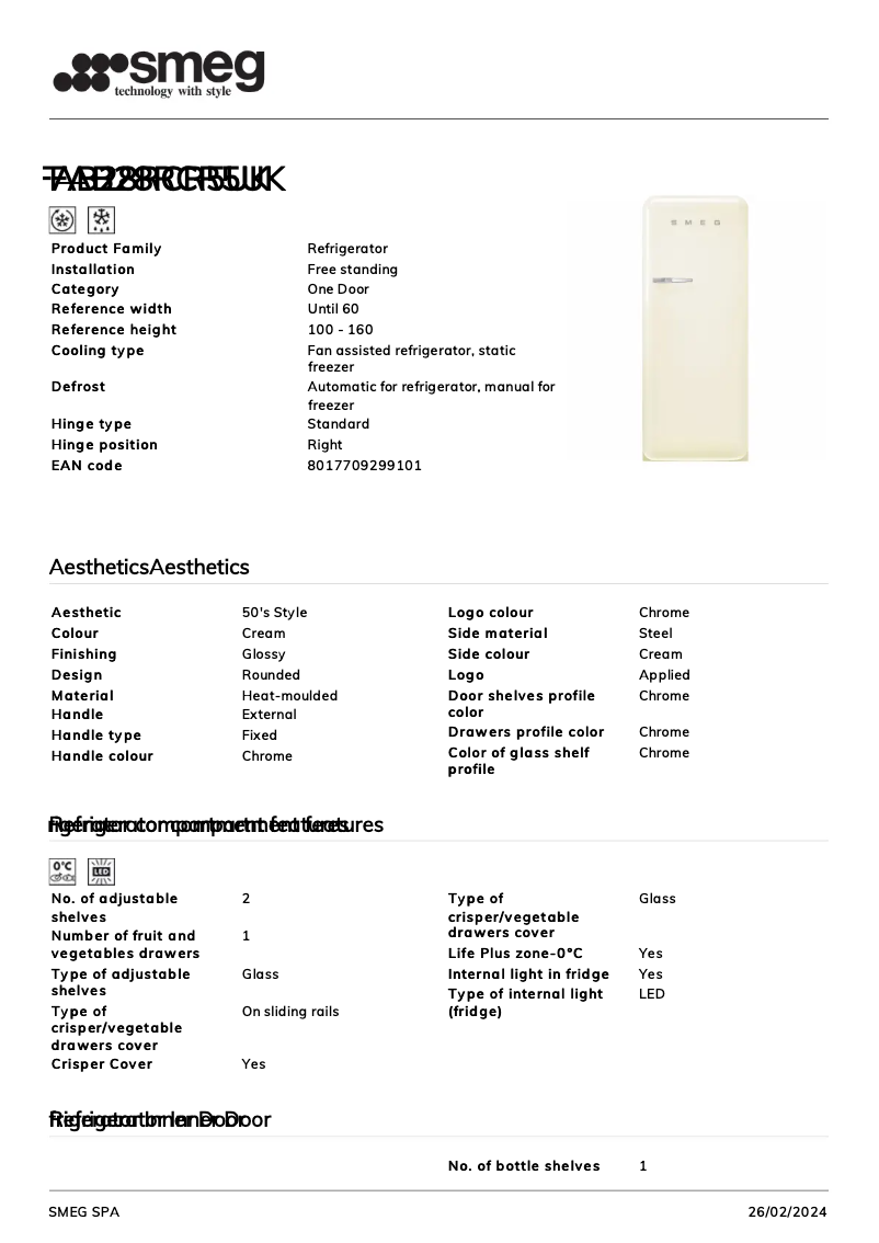 Page 1 de la notice Fiche technique Smeg FAB28RCR5UK