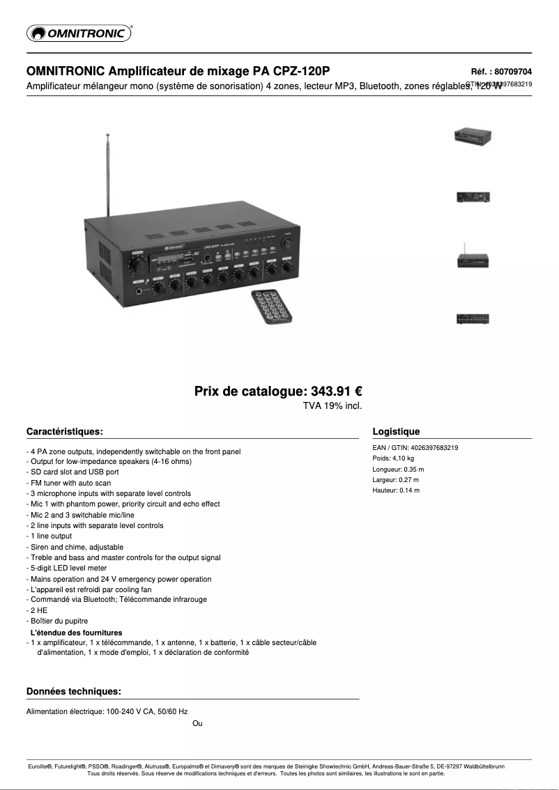 Page 1 de la notice Fiche technique Omnitronic CPZ-120P
