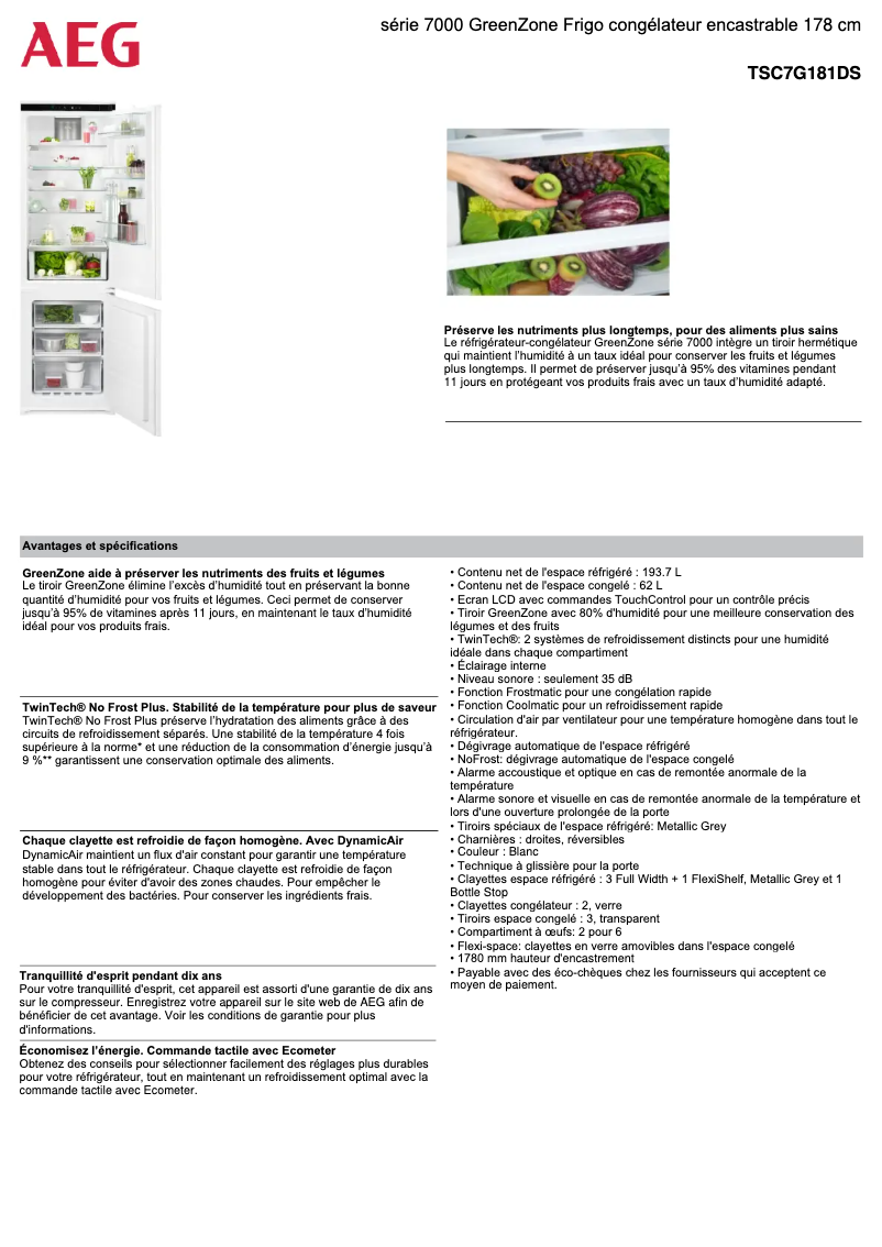 Page 1 de la notice Fiche technique AEG TSC7G181DS