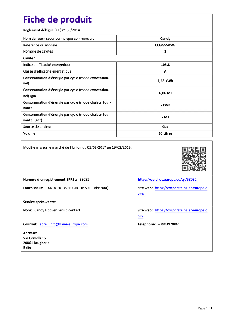 Page 1 de la notice Manuel utilisateur Candy CCGG550SW