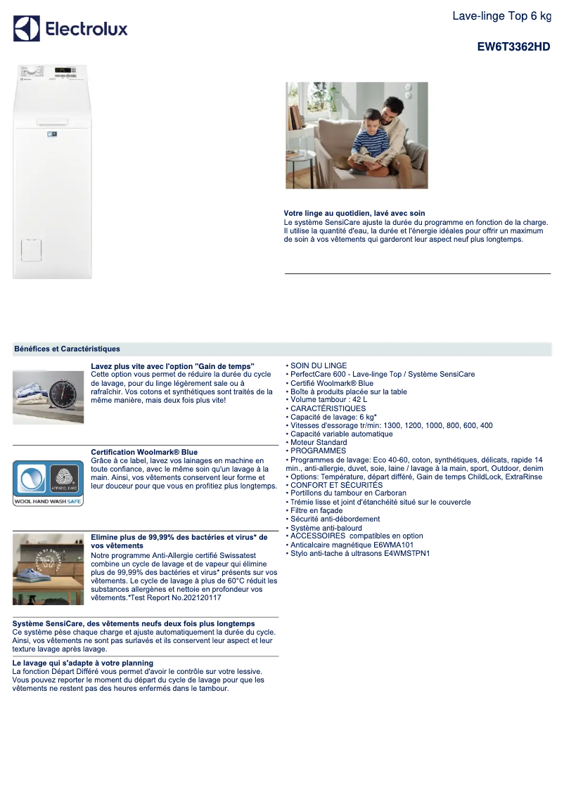 Page 1 de la notice Fiche technique Electrolux EW6T3362HD