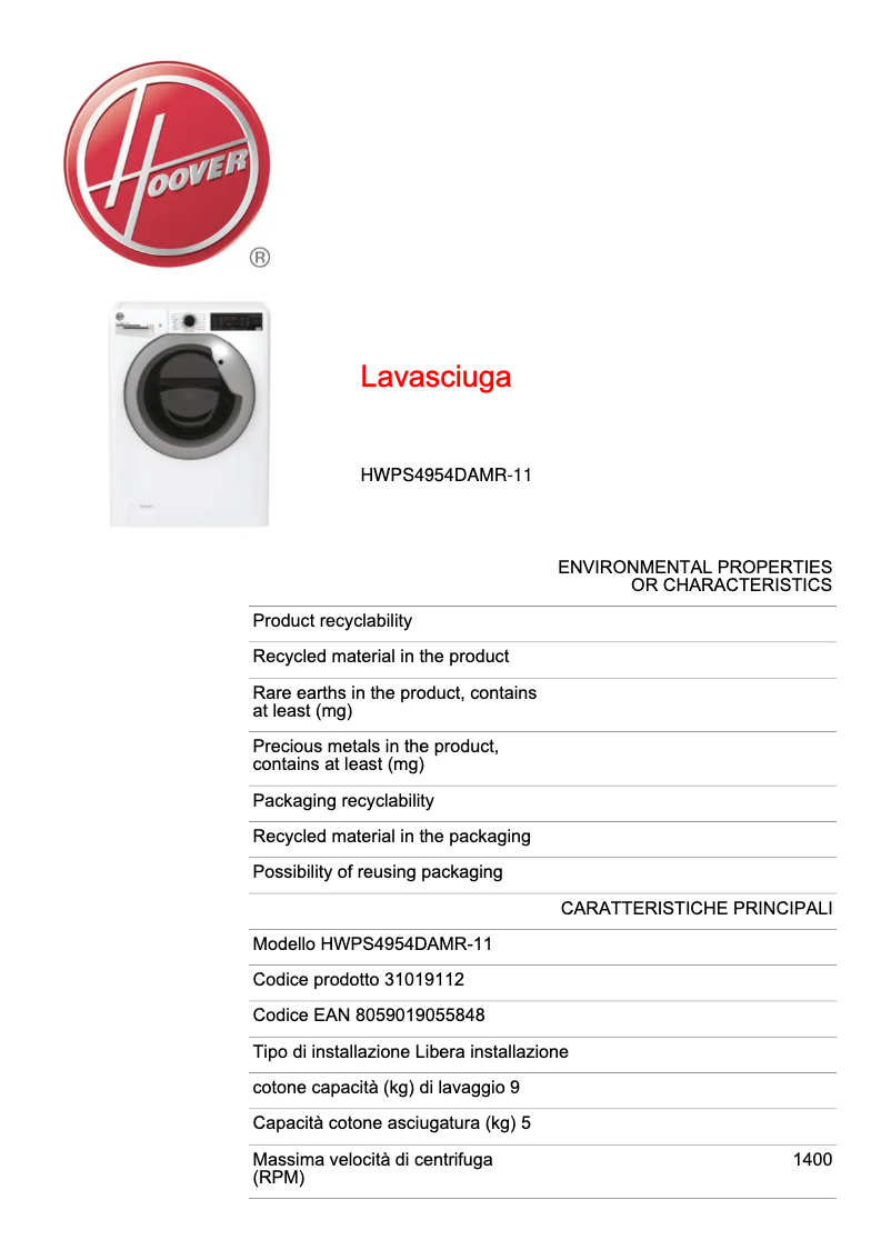Página 1 del manual Ficha técnica Hoover HWPS4954DAMR-11