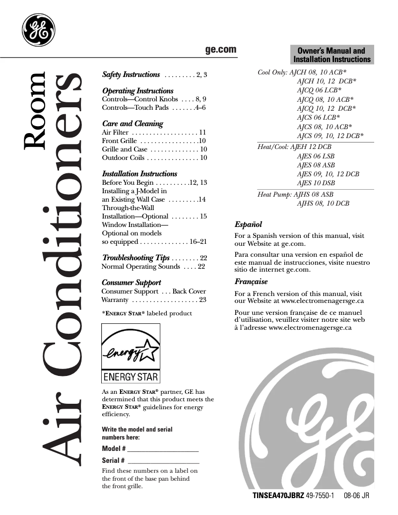 Page n°1 - Manuel d'utilisation et d'entretien GE AJCH10DCB