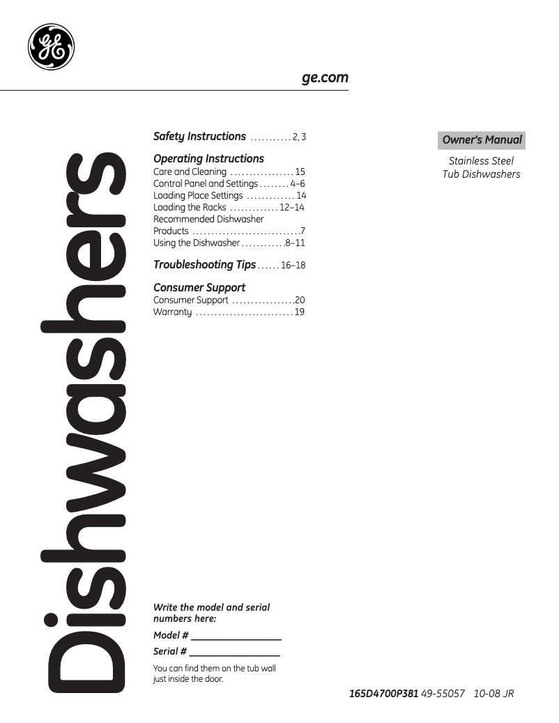 Page n°1 - Manuel d'utilisation et d'entretien GE GDWT100RBB