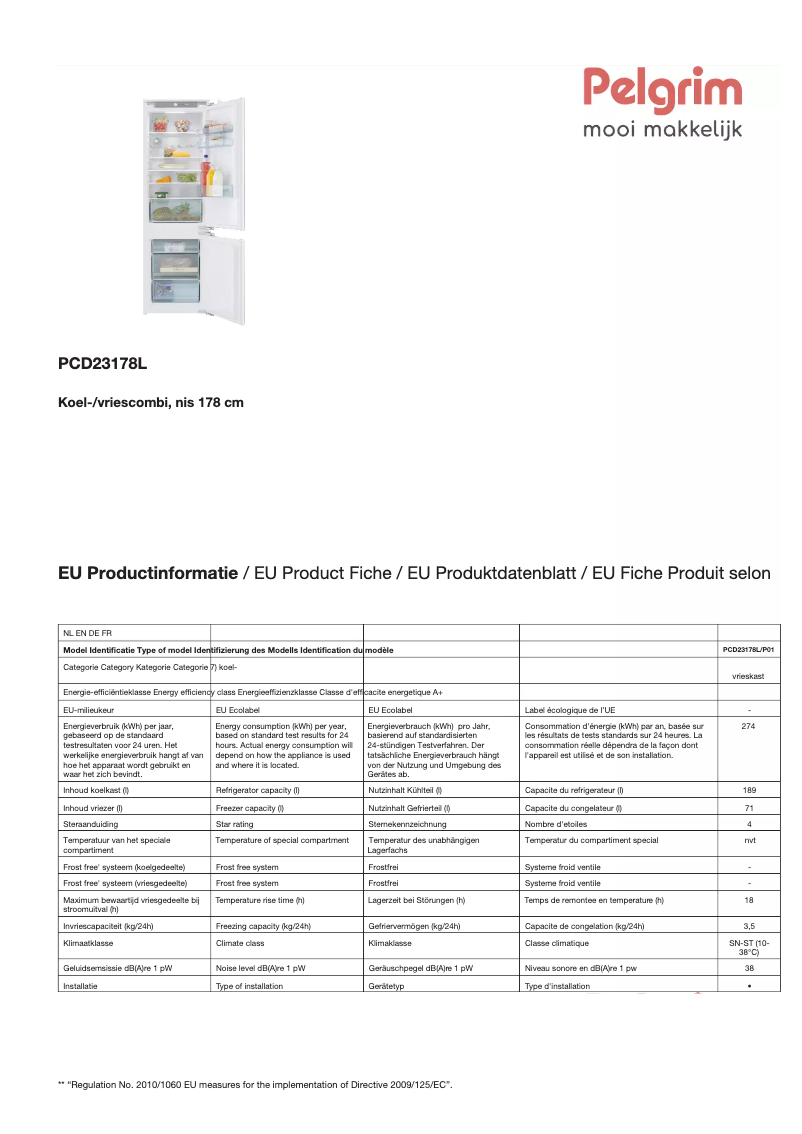 Page 1 de la notice Fiche technique Pelgrim PCD23178L