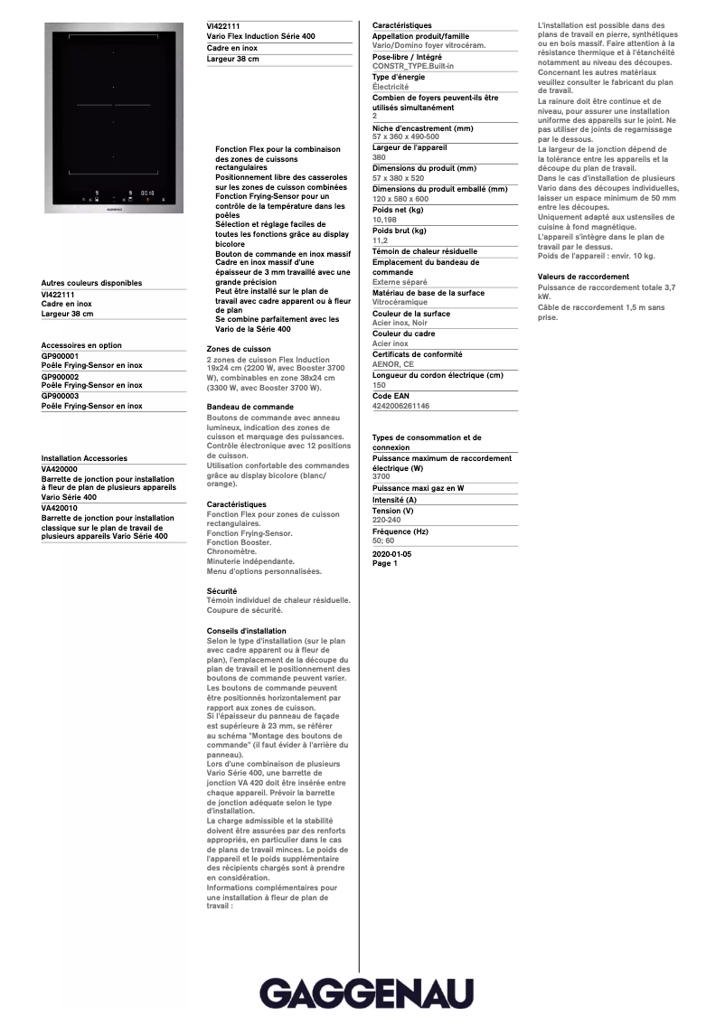 Página 1 del manual Ficha técnica Gaggenau VI422111