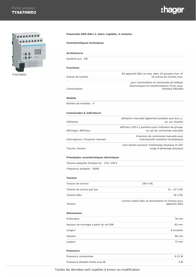 Page n°1 - Fiche technique Hager TYA670WD2