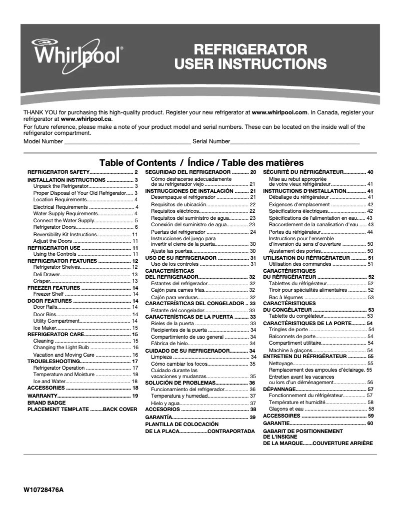 Page n°1 - Manuel d'utilisation et d'entretien Whirlpool WRT549SZD