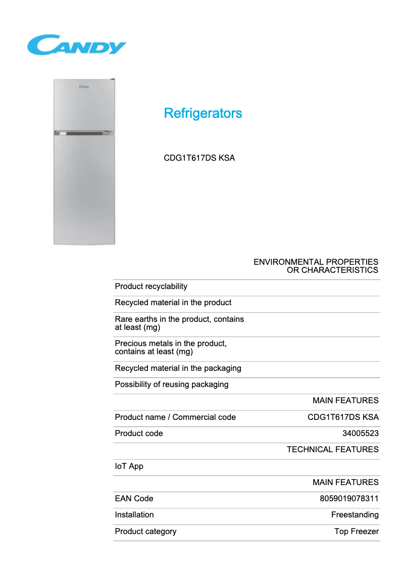Page 1 de la notice Fiche technique Candy CDG1T617DS KSA