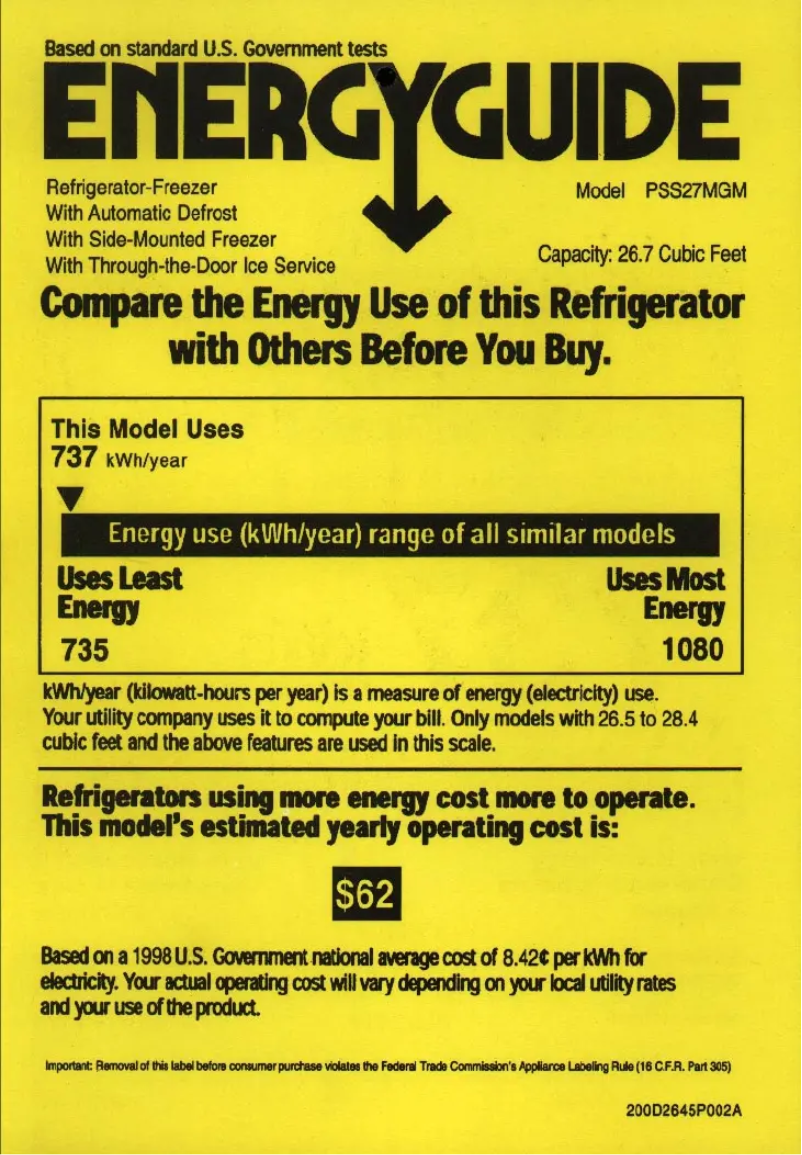 Page 1 de la notice Label énergétique GE Profile Arctica PSS27MGMCC