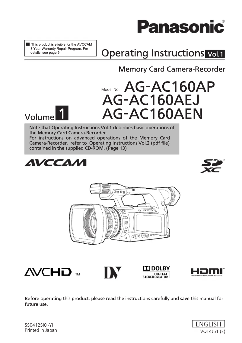 Page 1 de la notice Manuel utilisateur Panasonic AG-AC160AEJ