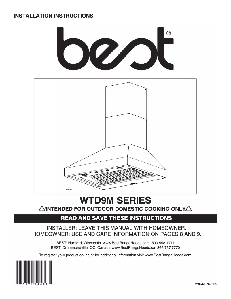 Página 1 del manual Guía de instalación Best Fuori-Periphery WTD9M42SB