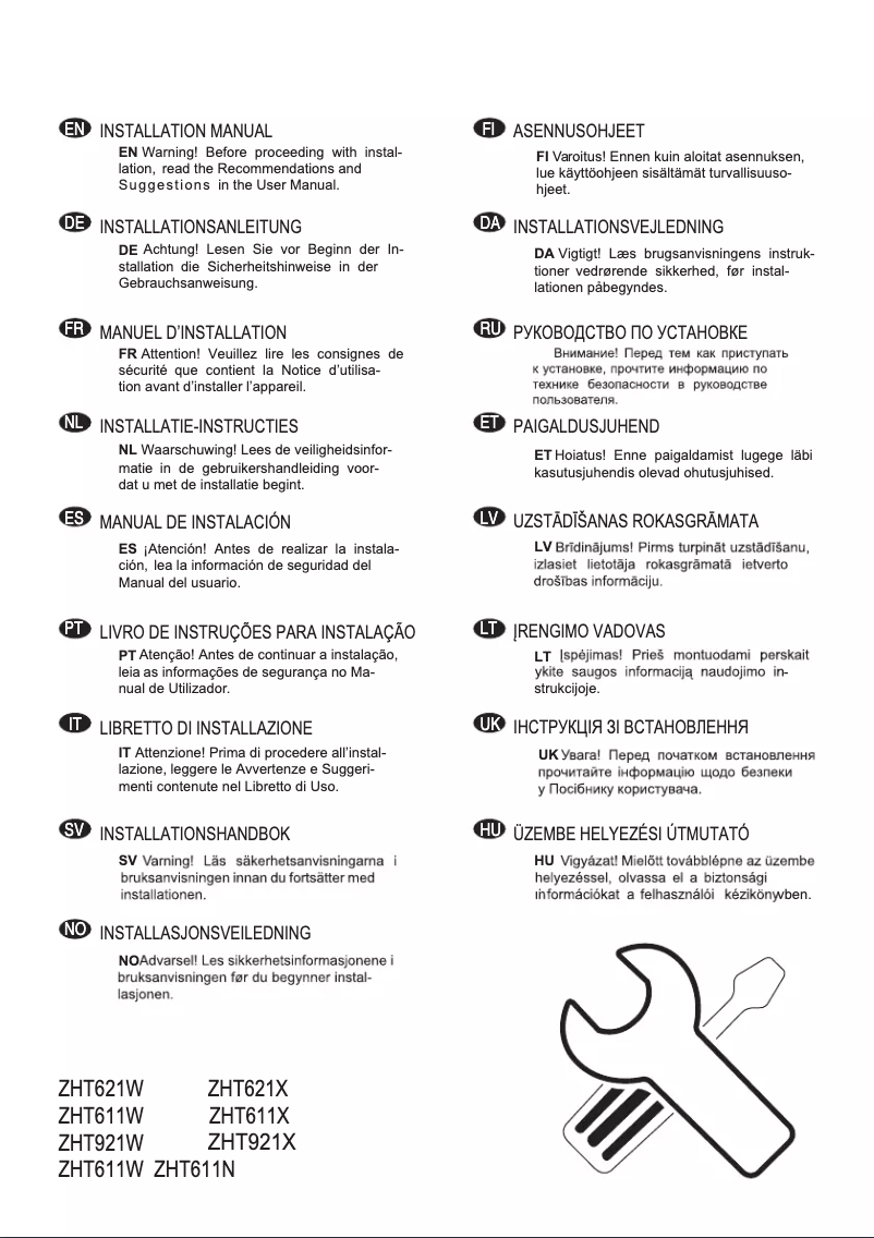 Page 1 de la notice Guide d'installation Zanussi ZHT611W