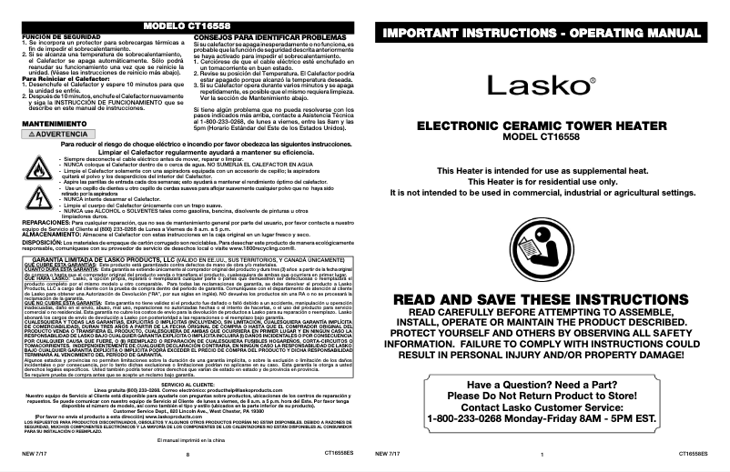 Page n°1 - Manuel utilisateur Lasko CT16558