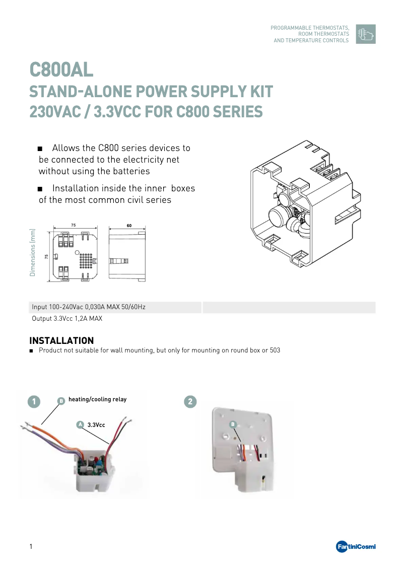 Page 1 de la notice Fiche technique Fantini Cosmi C800AL