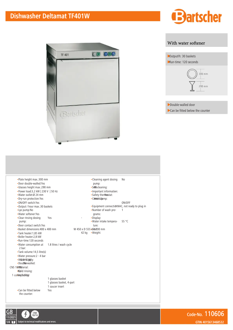 Page 1 de la notice Fiche technique Bartscher TF401W