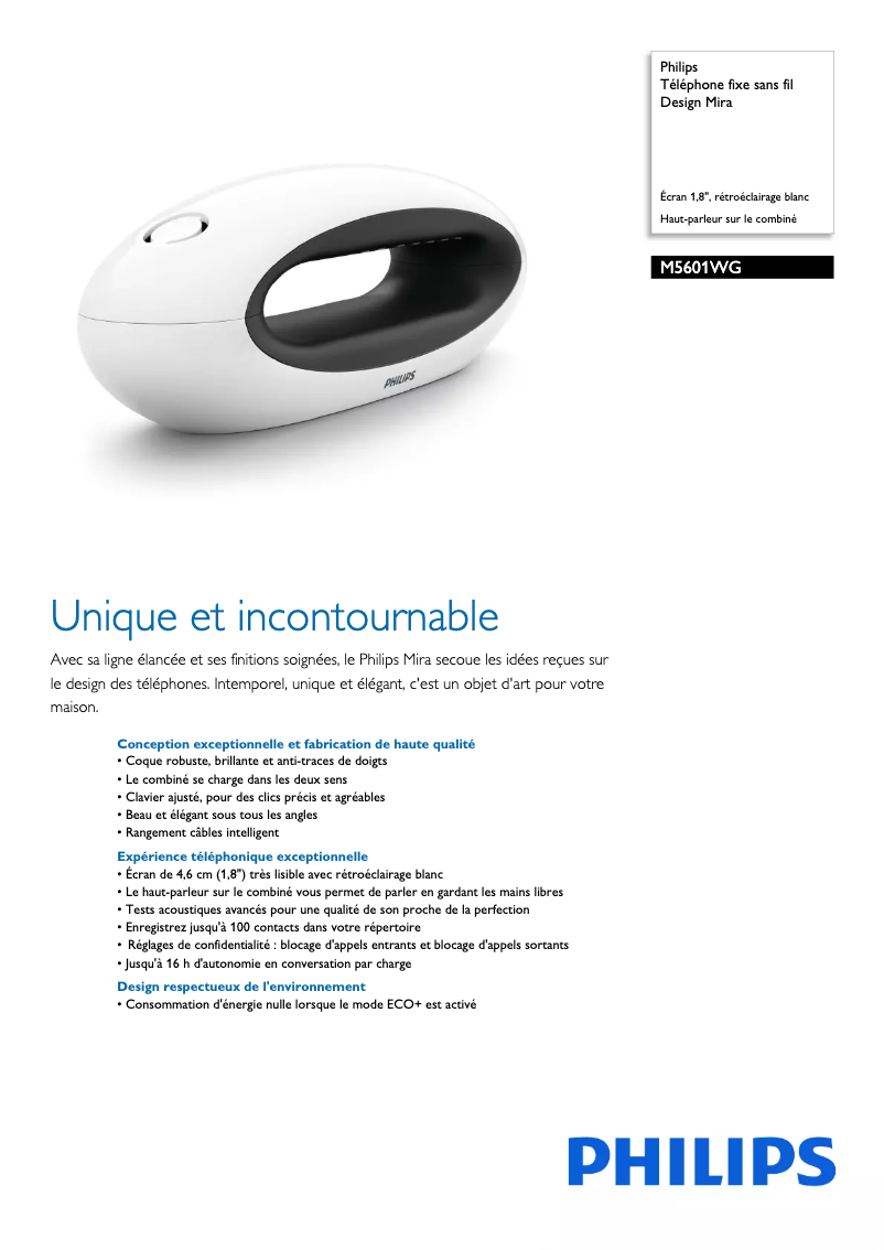 Page 1 of the manual Technical Sheet Philips M5601WG