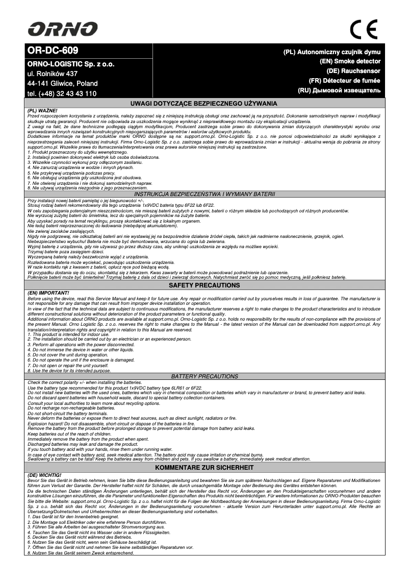 Page n°1 - Manuel utilisateur ORNO OR-DC-609