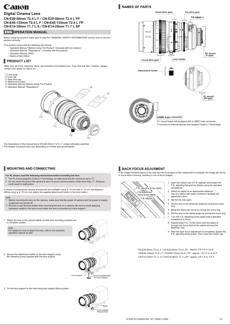 Page 1 de la notice Manuel utilisateur Canon CN-E14-35mm T1.7 L S