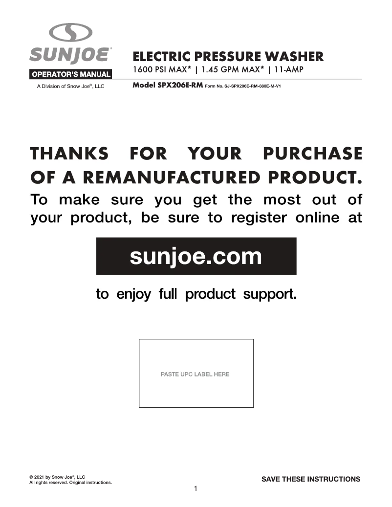 Page 1 de la notice Manuel utilisateur Sun Joe SPX206E-RM