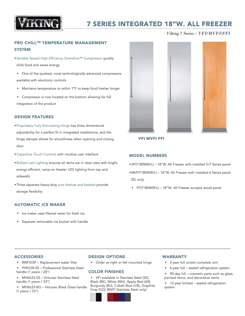 Page 1 de la notice Fiche technique Viking VFI7180WLRE