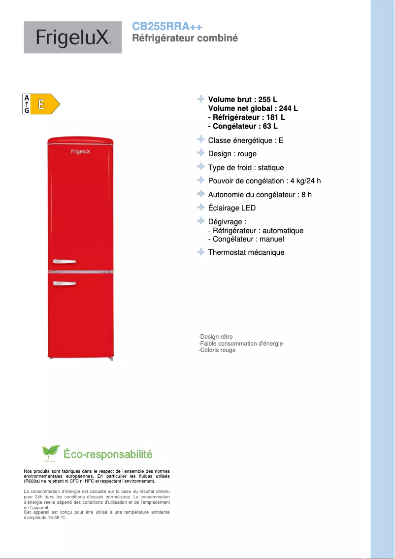 Página 1 del manual Ficha técnica FrigeluX CB255RRA++