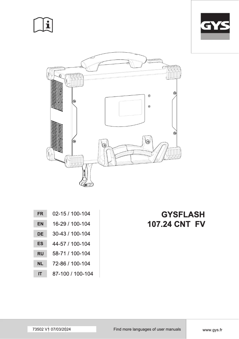 Page 1 de la notice Manuel utilisateur GYS Gysflash 107.24 CNT FV