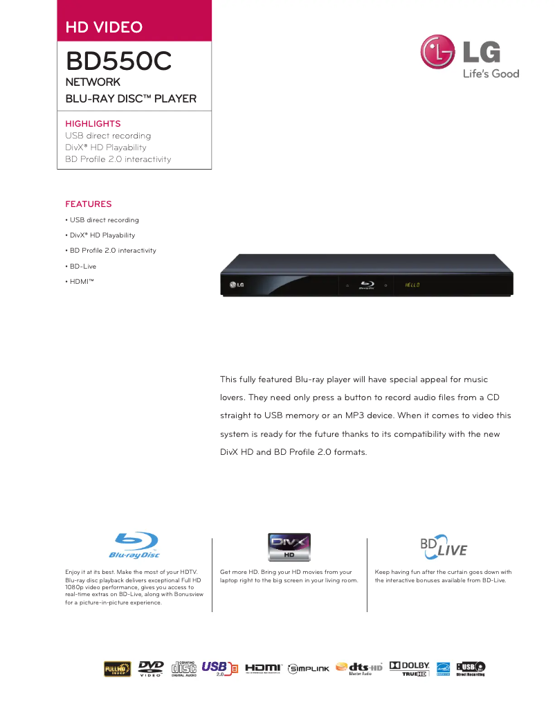 Página 1 del manual Ficha técnica LG BD550C