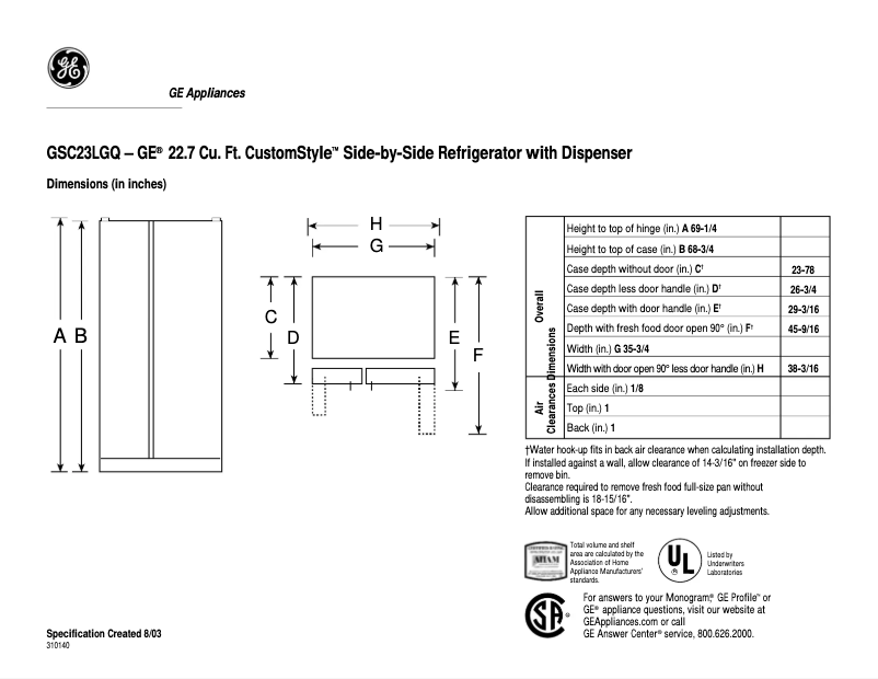Page n°1 - Fiche technique GE CustomStyle GSC23LGQBB
