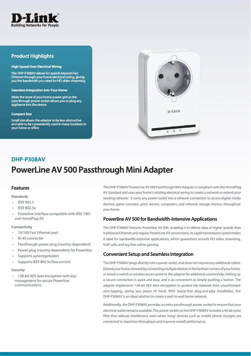 Page 1 de la notice Fiche technique D-Link DHP-P309AV