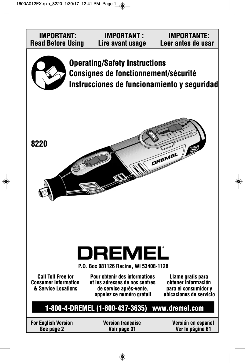 Page 1 de la notice Manuel utilisateur Dremel 8220
