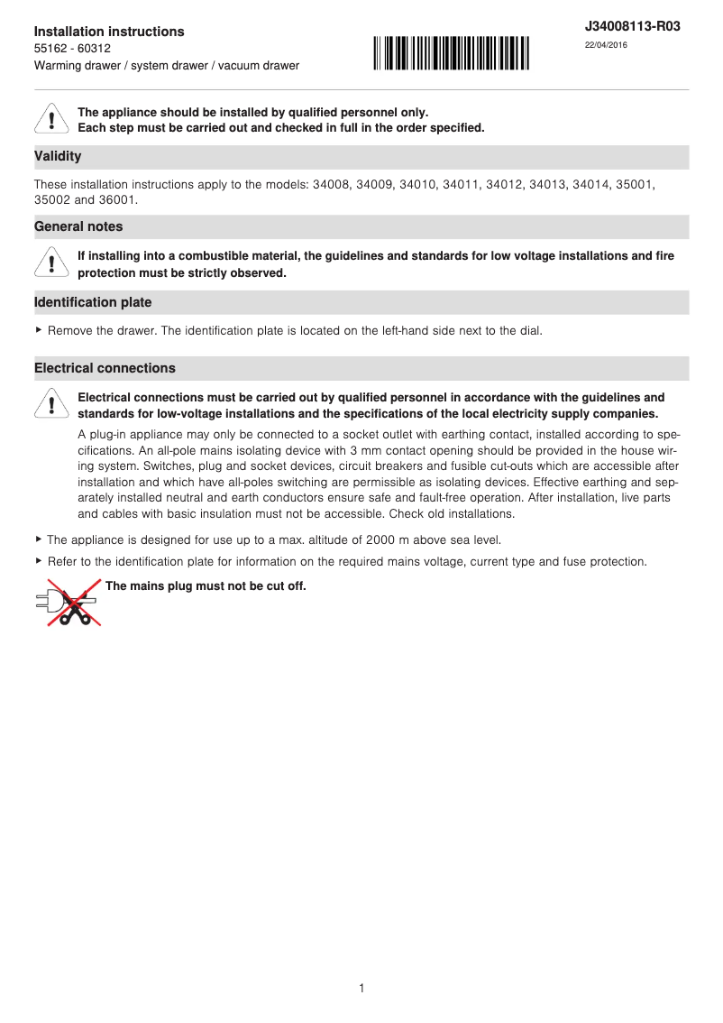 Page 1 de la notice Guide d'installation V-Zug VS 60 144