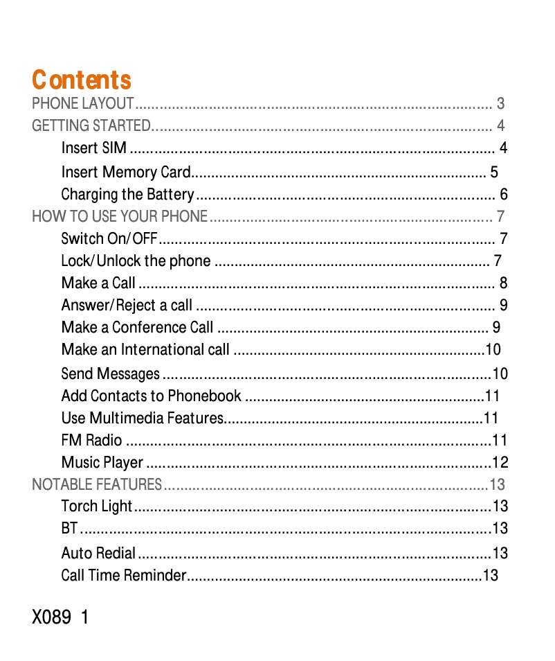 Page 1 de la notice Manuel utilisateur Micromax X089