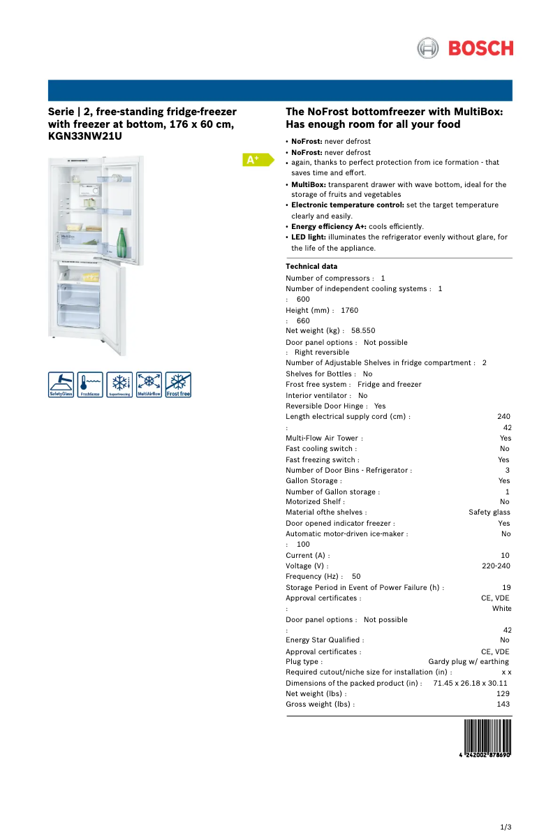 Page 1 de la notice Fiche technique Bosch KGN33NW21U