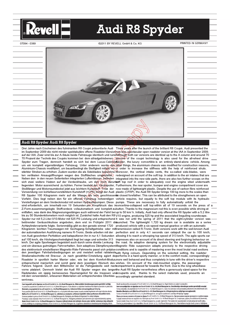 Page 1 de la notice Manuel utilisateur Revell AUDI R8 SPYDER