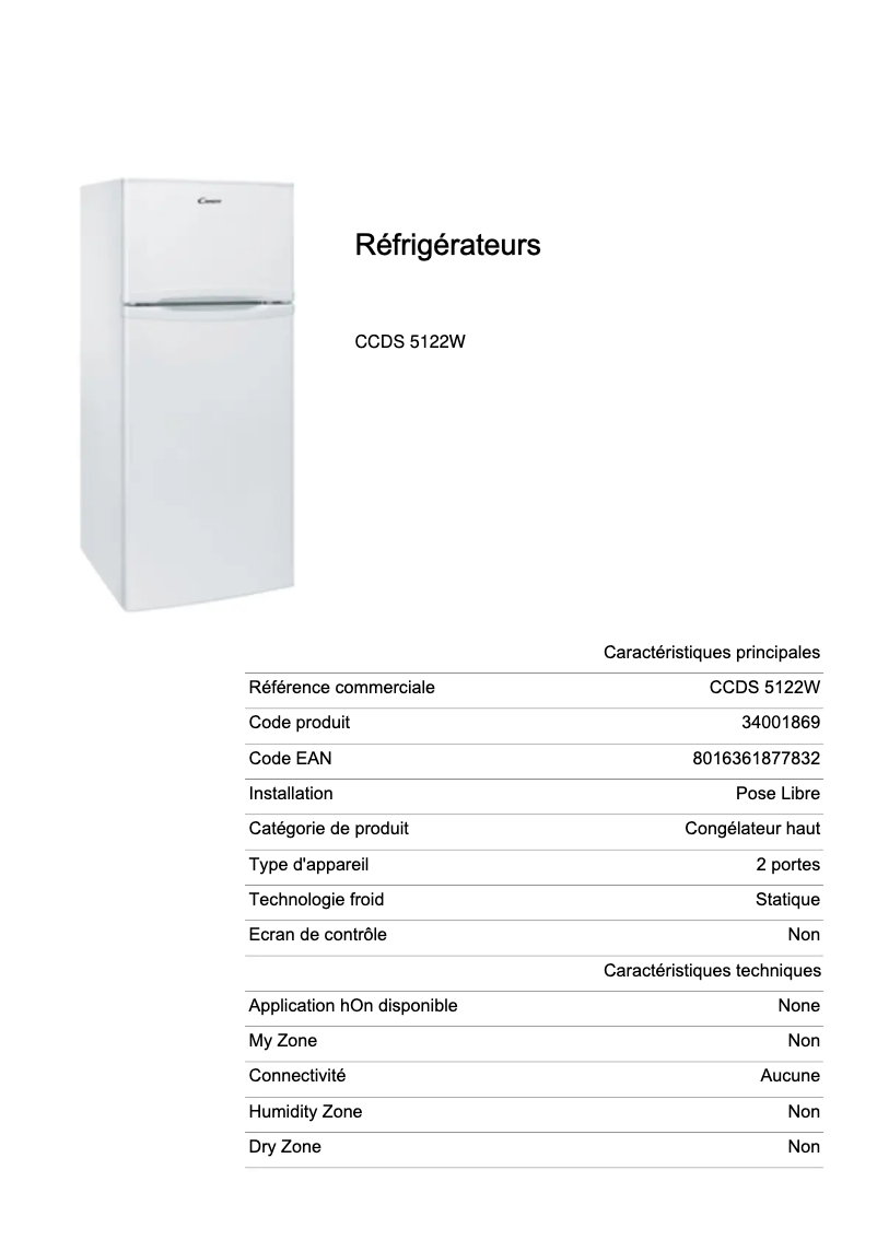 Page 1 de la notice Fiche technique Candy CCDS 5122W